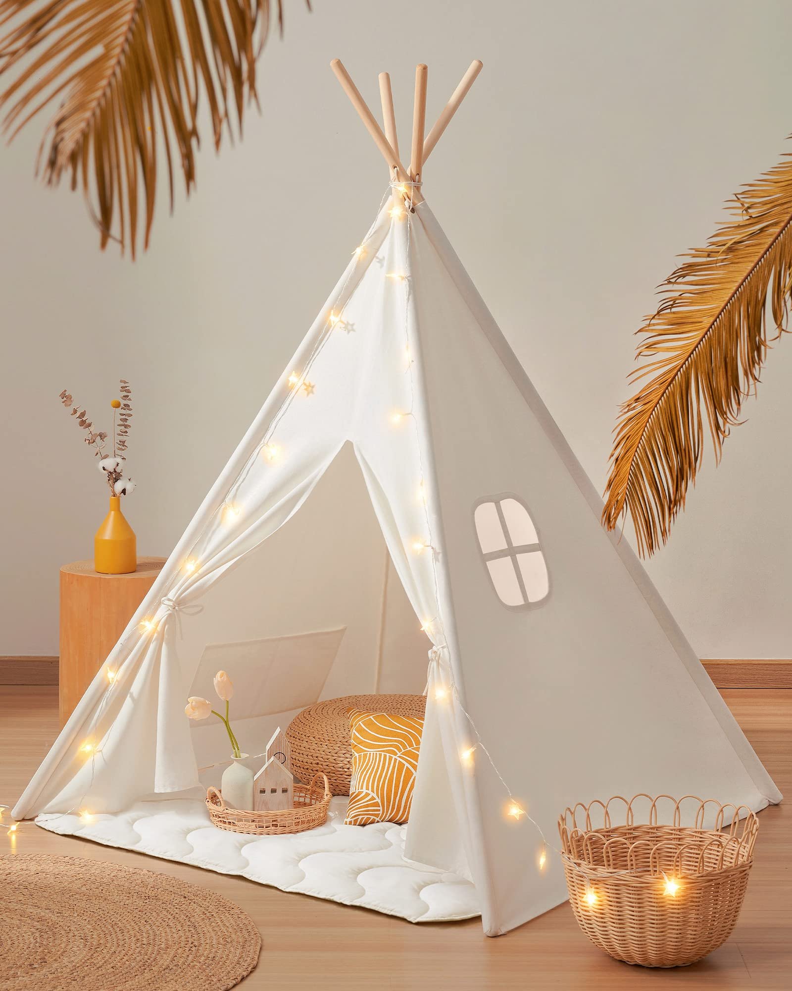 Tiny Land Teepee Tent for Kids – 100% Cotton Play Tent with Padded Mat & Star Li