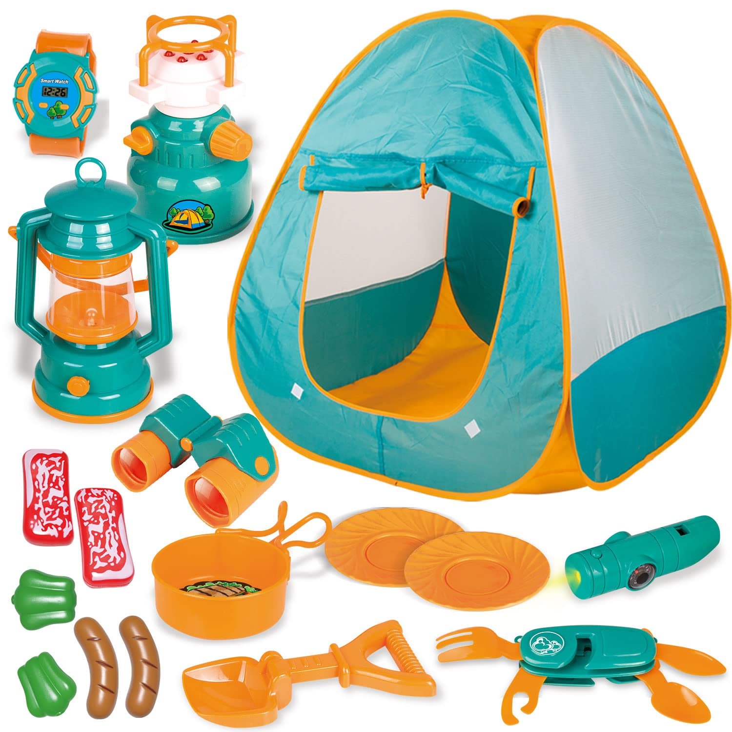 FUN LITTLE TOYS Pop Up Play Tent with Camping Gear and Tools Set, Outdoor Toys f