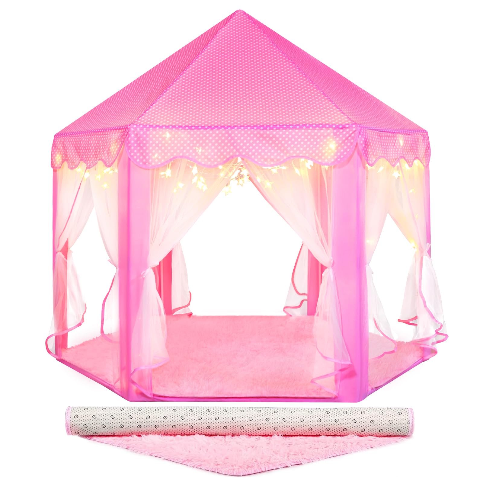 Princess Tent for Girls Indoor: with Rug, Star Lights - Pink Play Tent for Kids,