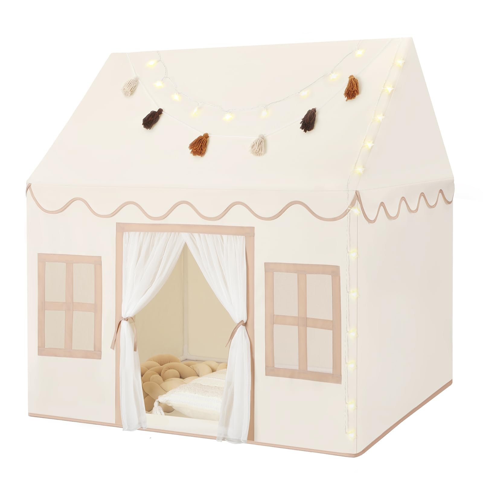 Kids Play Tent Indoor: with Mat, Tassel Garland, Star Lights - Girl Tent Indoor