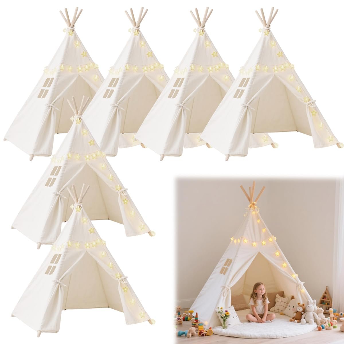 6 Pack Teepee Tent for Kids,Collapsible Kids Teepee Tent with 10 Ft String Light