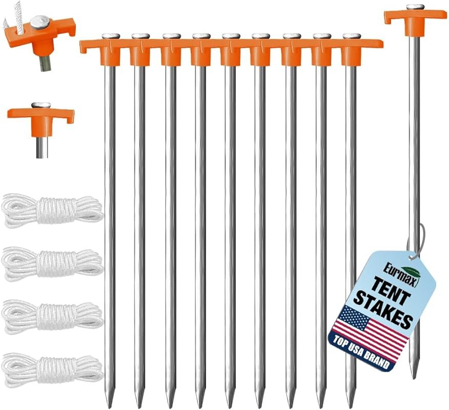 Eurmax USA Galvanized 10-Piece Non-Rust Tent Stakes with Ropes and Stopper for Camping & Canopies