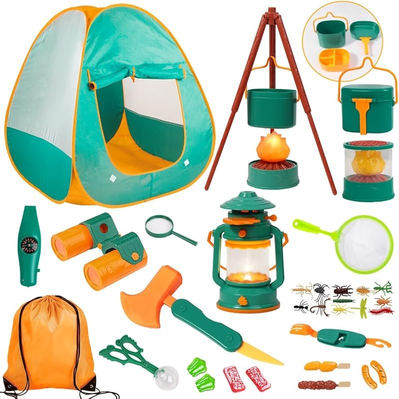 Meland Green Kids Camping Set with Pretend Campfire for Toddlers, Boys