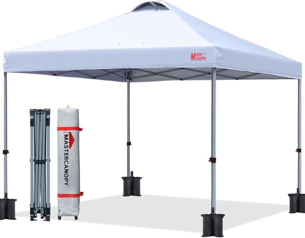MASTERCANOPY 10x10 White Durable Pop-Up Canopy Tent with Convenient Ro