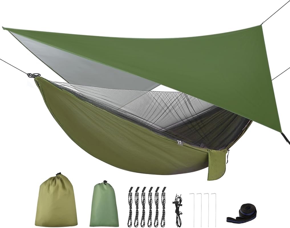 Portable Nylon Parachute Hammock Set: Rain Fly, Mosquito Net, Tree Str