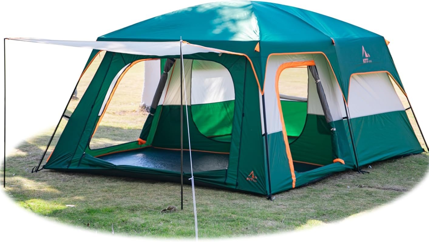 KTT Extra Large 10-14 Person Family Cabin Tent: 2 Rooms, 3 Doors/Windo