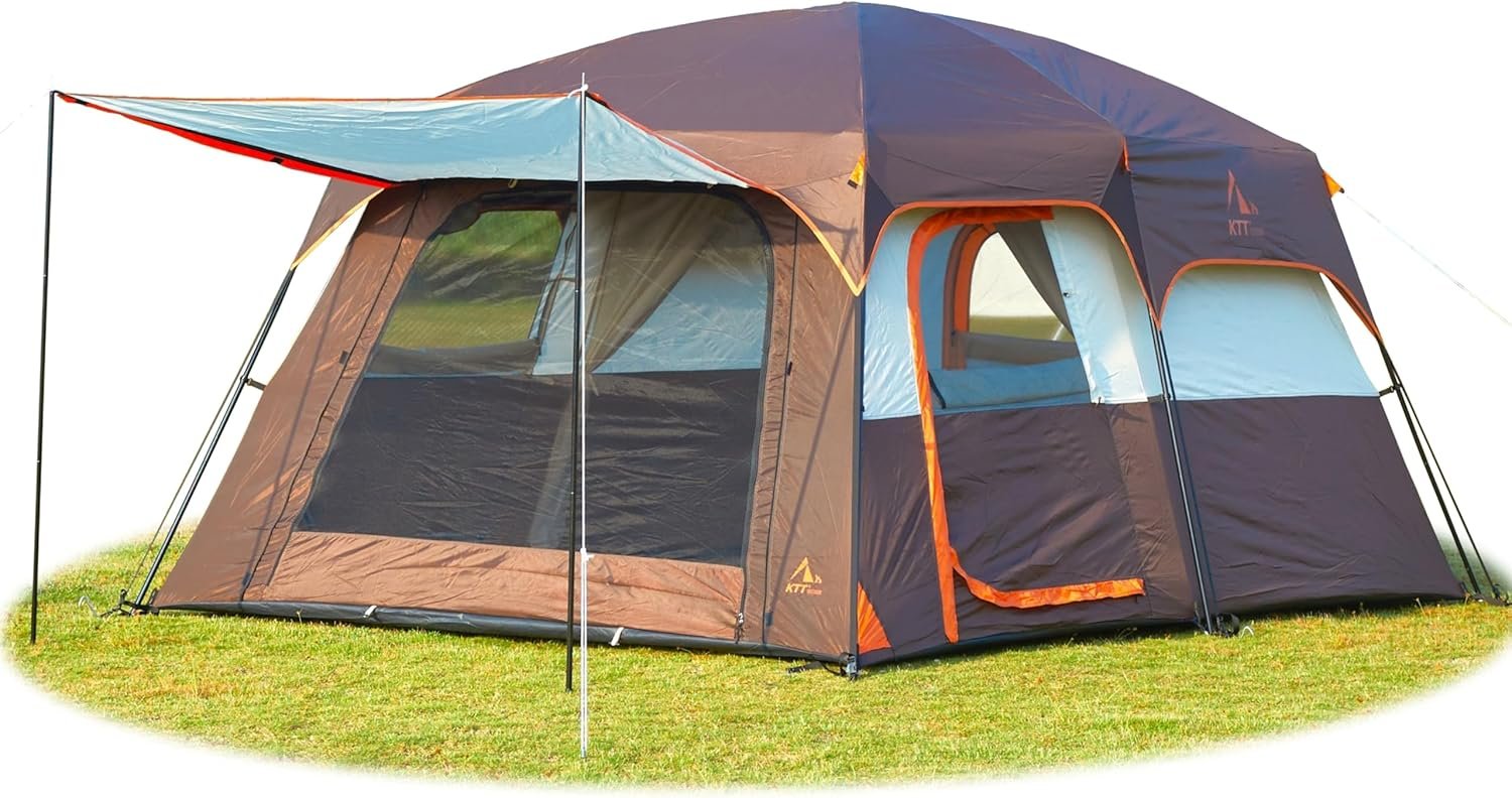 KTT Extra Large 10-14 Person Family Cabin Tent: 2 Rooms, 3 Doors, 3 Wi