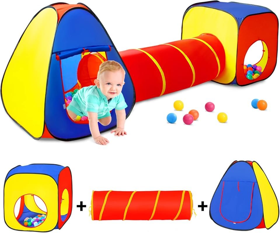 Colorful Fort Kids Play Tent with Ball Pit, Crawl Tunnel & Castle Tent