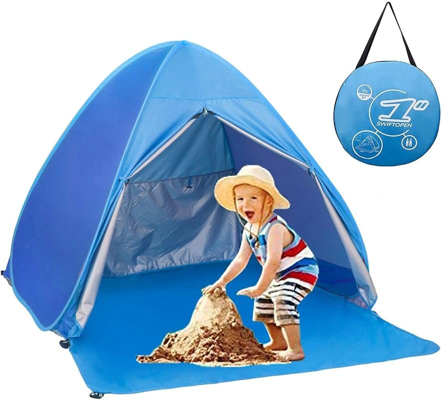 Blue 2-3 Person Pop Up Beach Tent: UPF 50+ Sun Shelter for Families an
