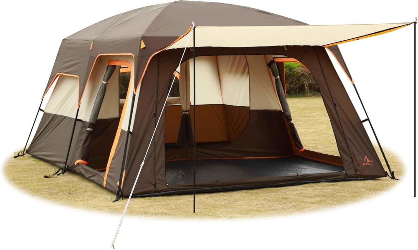 KTT 10-14 Person Extra Large Cabin Tent: 2 Rooms, 3 Doors, 3 Windows,
