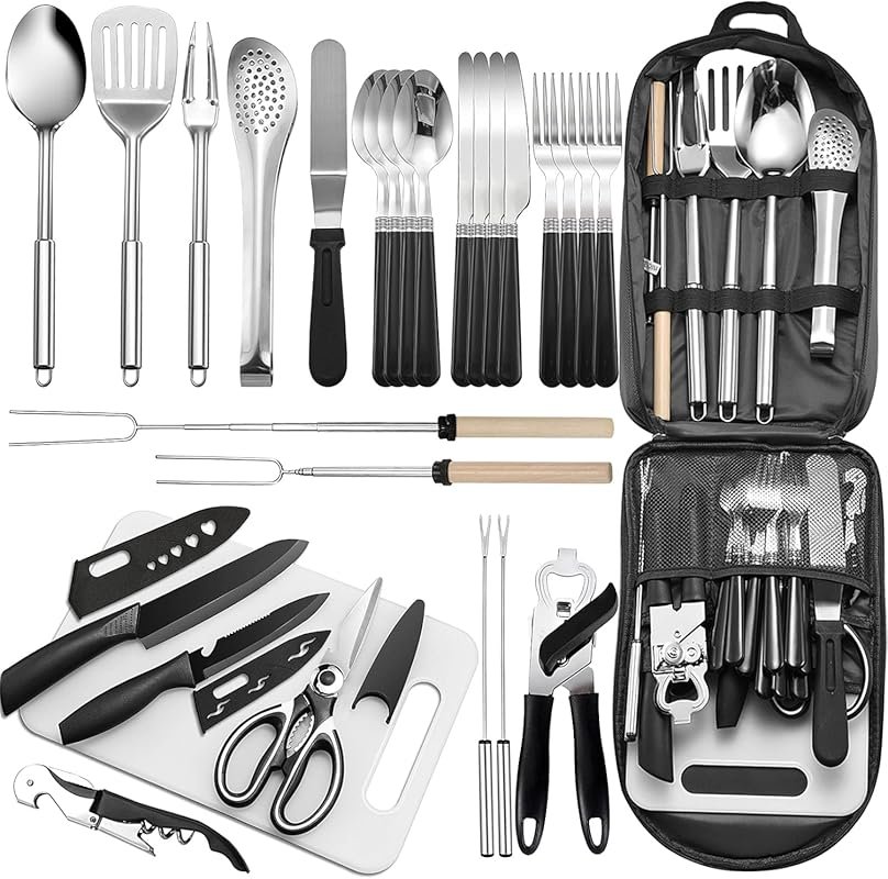 Portable 27-Piece Stainless Steel Camping Kitchen Utensil Organizer Tr