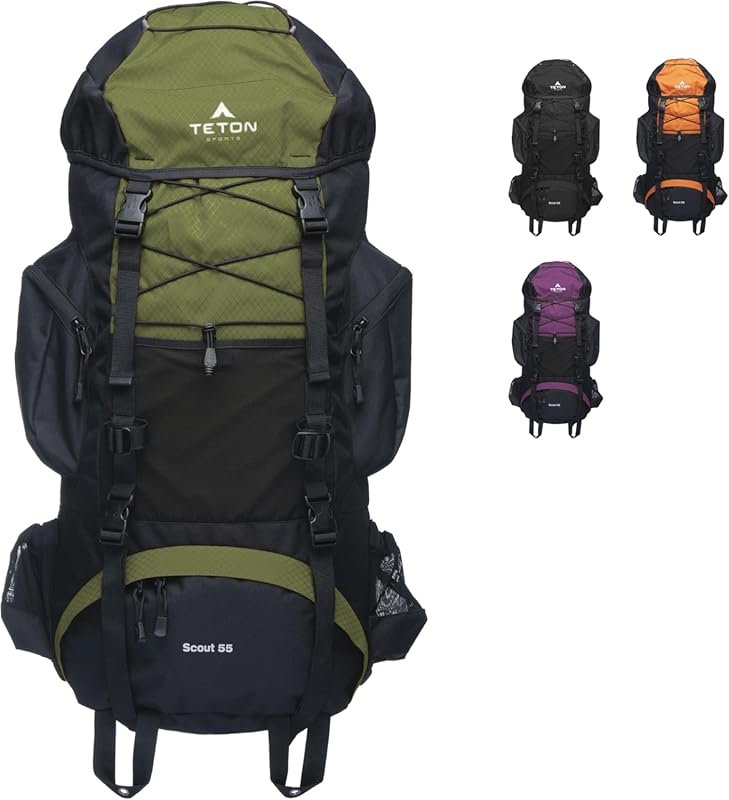Teton 55L Scout Internal Frame Backpack: Rain Cover Included for Hikin