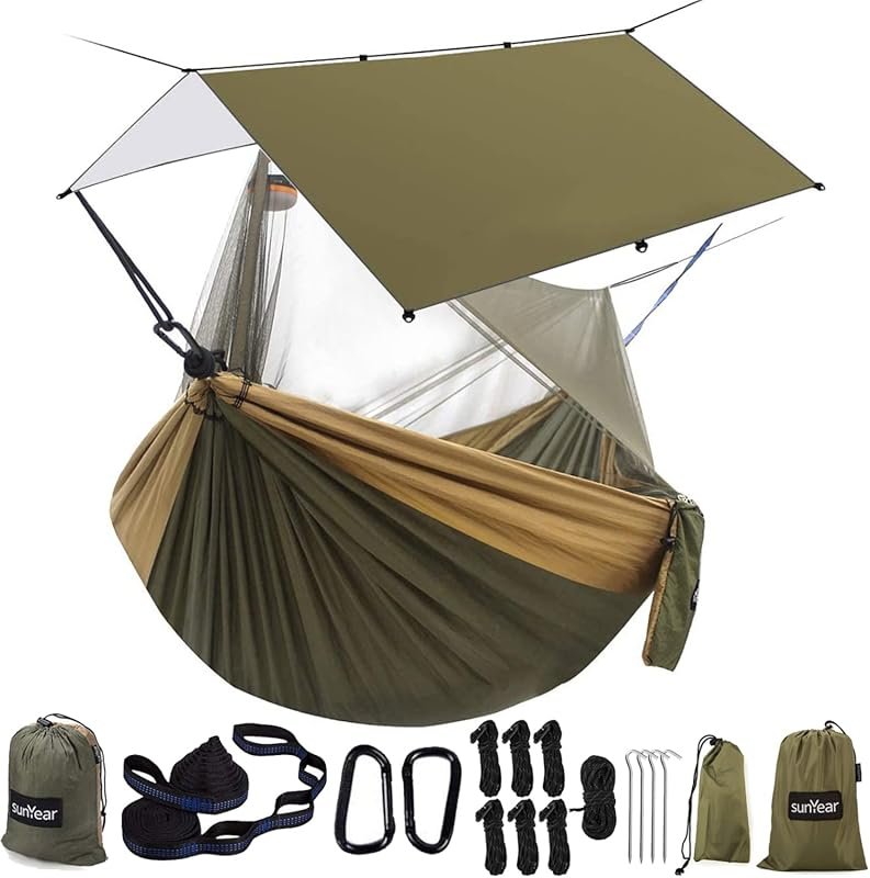 Sunyear Double Camping Hammock with Rain Fly Tarp and Net, Portable fo