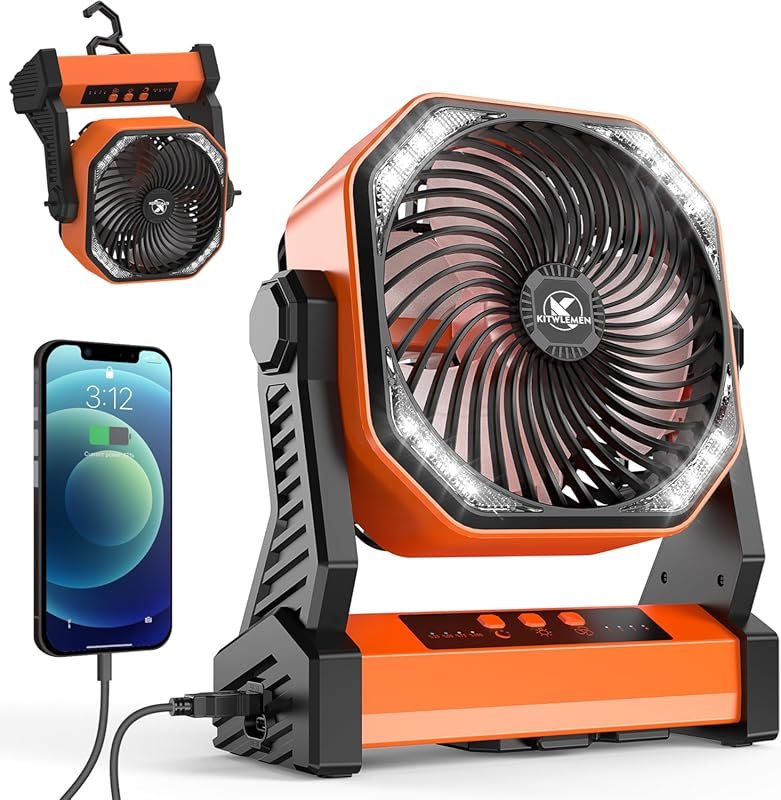 KITWLEMEN Camping Fan: 20000mAh rechargeable battery-operated fan with