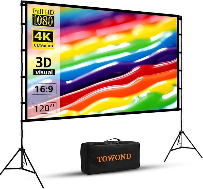 TOWOND 120 Inch Portable Outdoor Projector Screen with Stand, 4K HD Fo