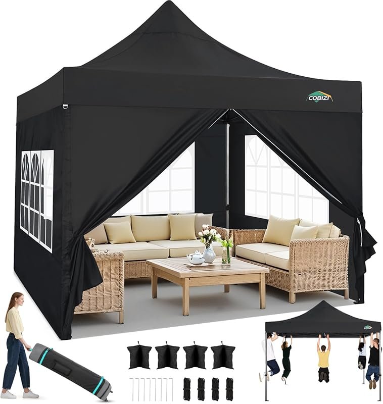 COBIZI 10x10 Heavy Duty Pop Up Canopy Tent with 4 Sidewalls - All Weat