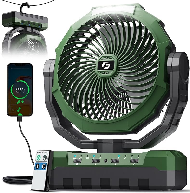 FRIZCOL 3-in-1 Camping Fan: Rechargeable 24000mAh battery fan with lig