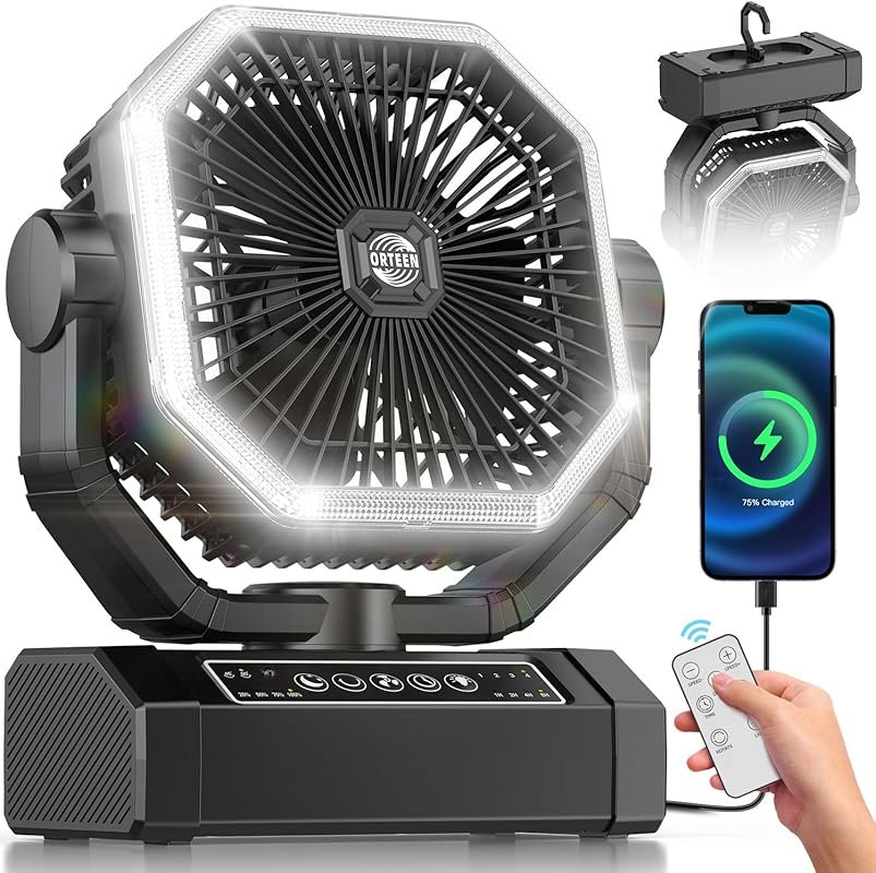 9-Inch 24000mAh Rechargeable Camping Fan: Portable Tent Fan with Light