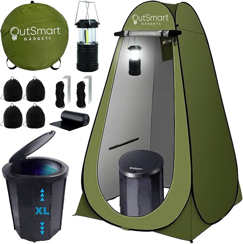 Outdoor Portable Toilet Set with XL Folding Toilet, Privacy Tent & Lan