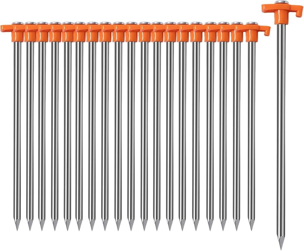 Cheardia 20 Pack 9.75-Inch Heavy Duty Non-Rust Metal Tent Stakes for Camping, Garden & Outdoor Use - Orange