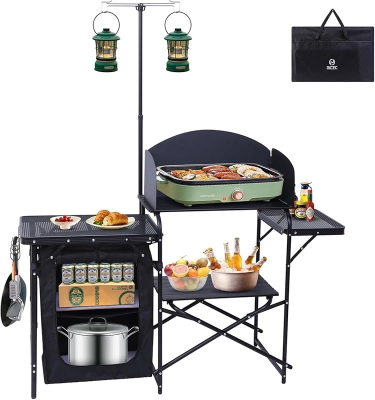 Nice C Portable Folding Camping Kitchen Station with Light Stand & Win