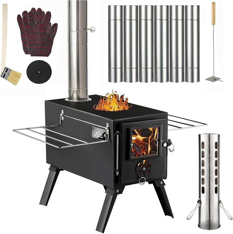 AVOFOREST Small Wood Stove: Portable Hot Tent Stove with 7 Stainless C