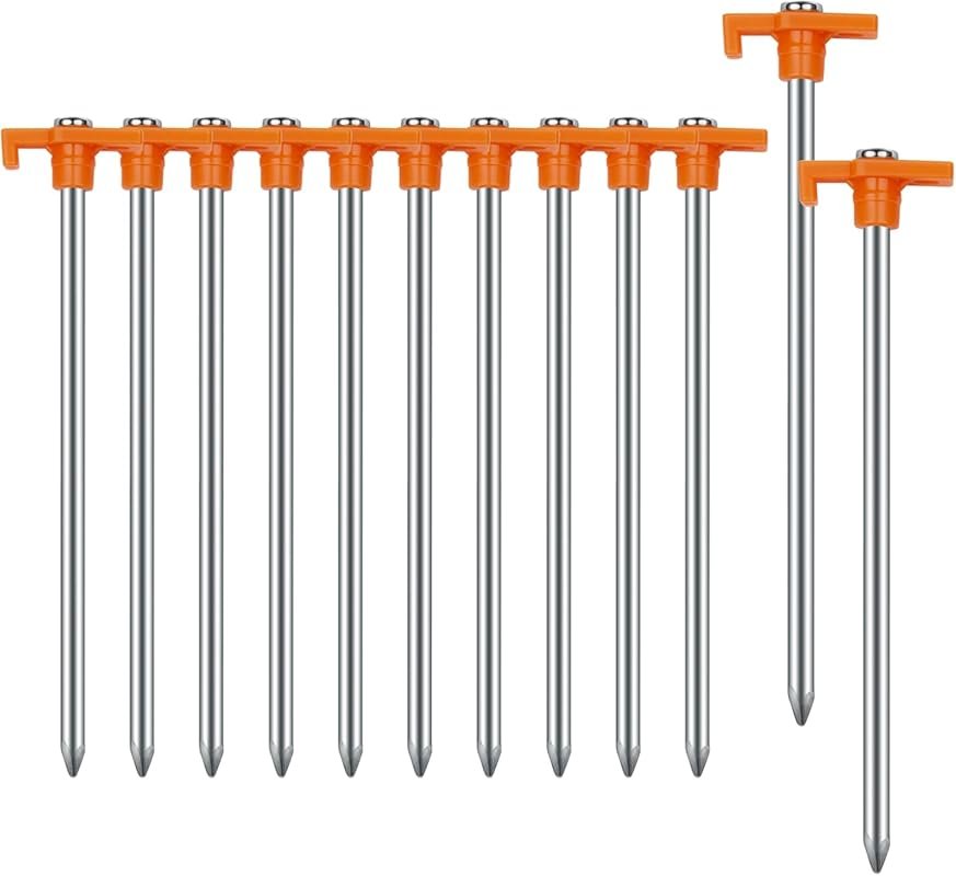 AVOFOREST 7.1-inch Non-Rust Metal Tent Pegs for Camping, Garden, and Hiking - Orange 12 Pack