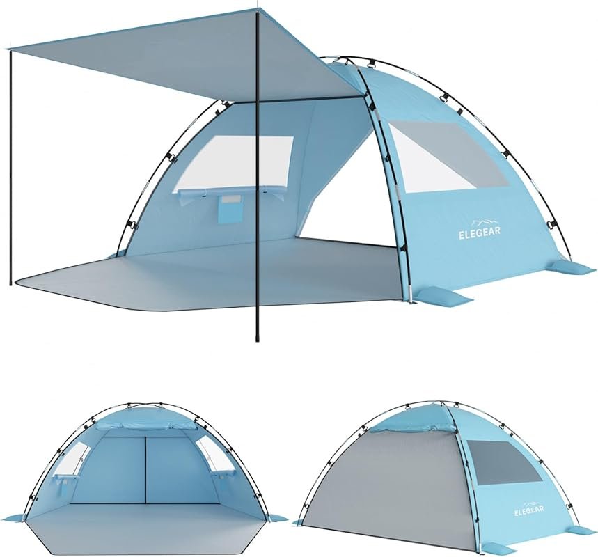 Elegear Sky Blue 4-5 Person Pop Up Beach Tent Sun Shelter with UPF 50+