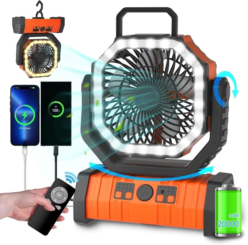 ADUST Orange Camping Fan: 20000mAh rechargeable battery-powered fan wi