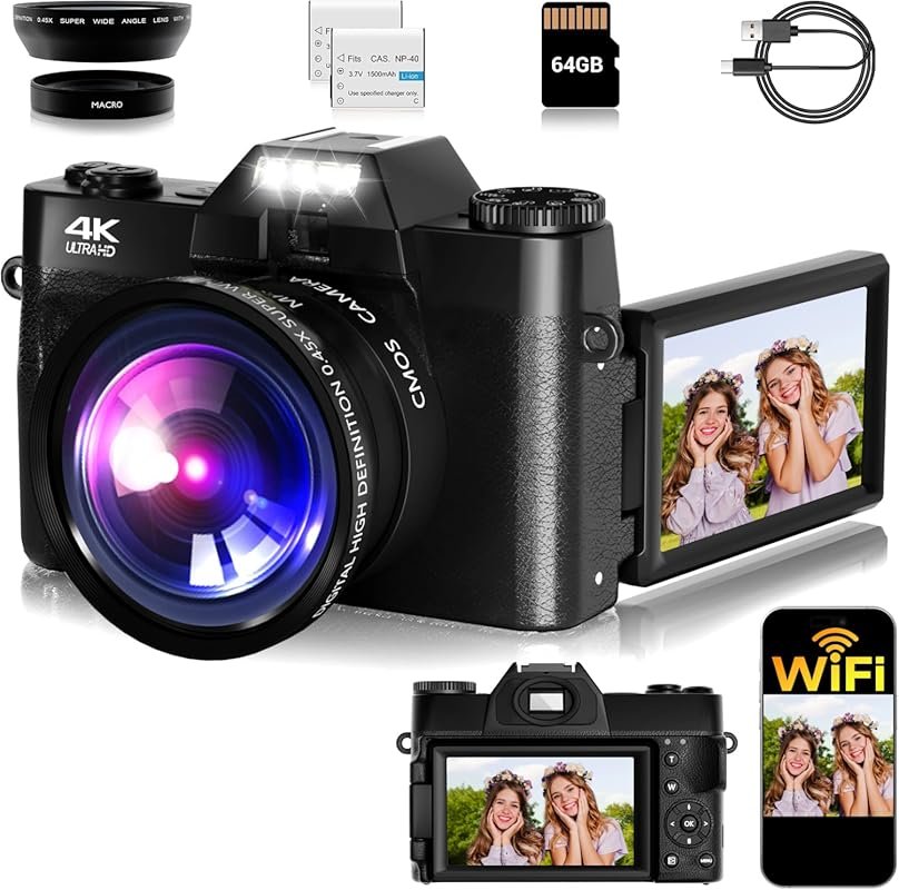 WiFi 4K Vlogging Camera for YouTube, 75MP FHD, 3'' 180° Flip Screen, 6