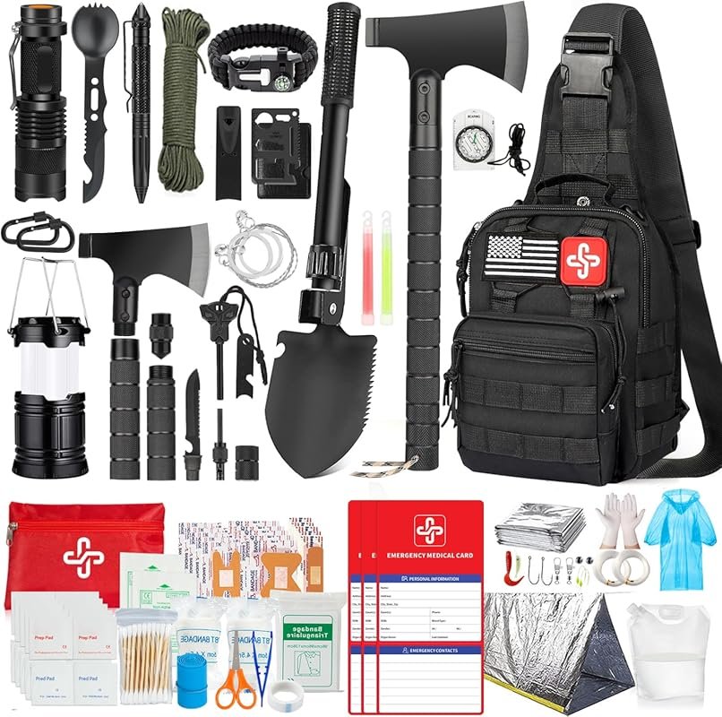262-Piece Survival Kit & First Aid Pouch with Tent, Axe, Shovel for Em