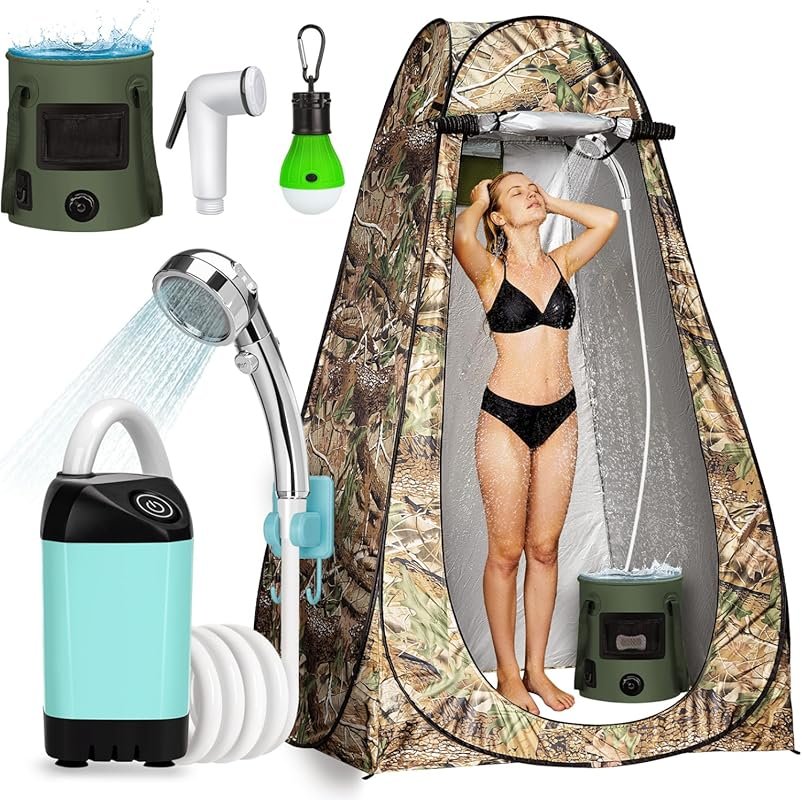 Portable Camping Shower Tent Kit with LED Lights, Pump, Filtered Head 