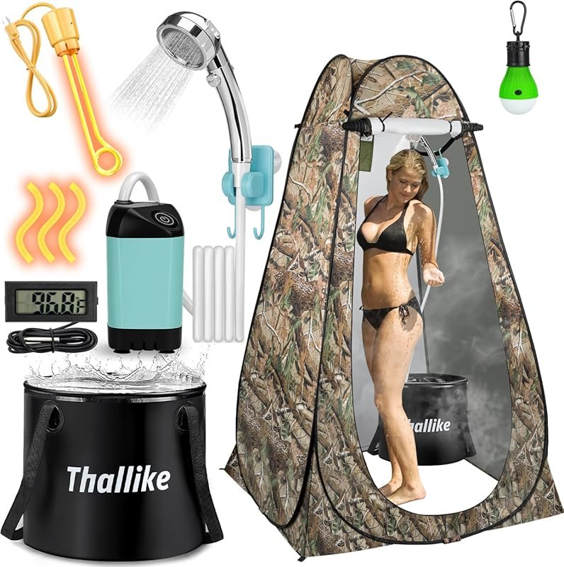 Portable Camping Shower Tent Kit: 1000W immersion heater, rechargeable