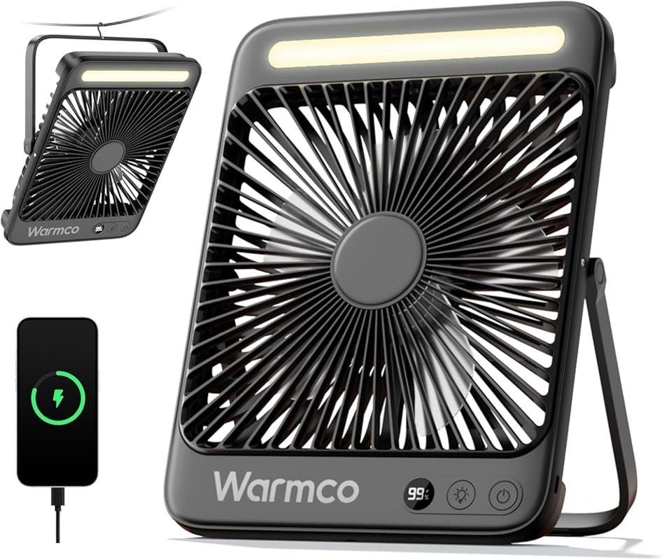 Warmco 8-Inch Portable Camping Fan with LED Lantern, 20000mAh Battery,