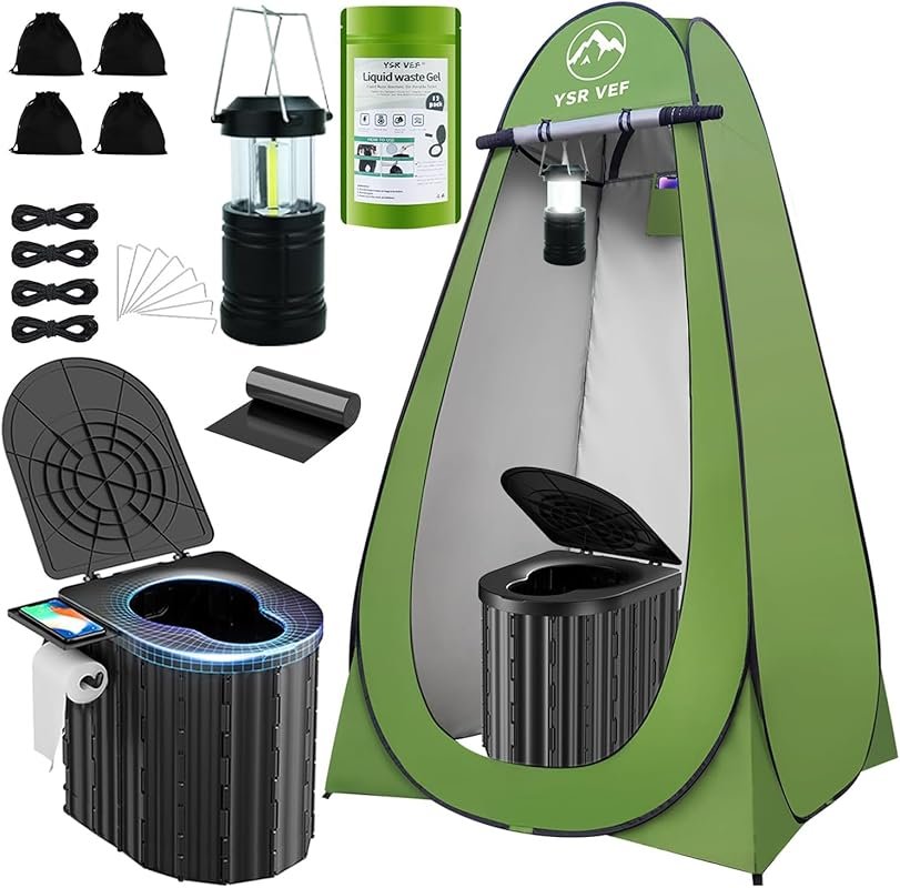 Camping Toilet with Pop-Up Privacy Tent and Liquid Waste Gel, Large Er