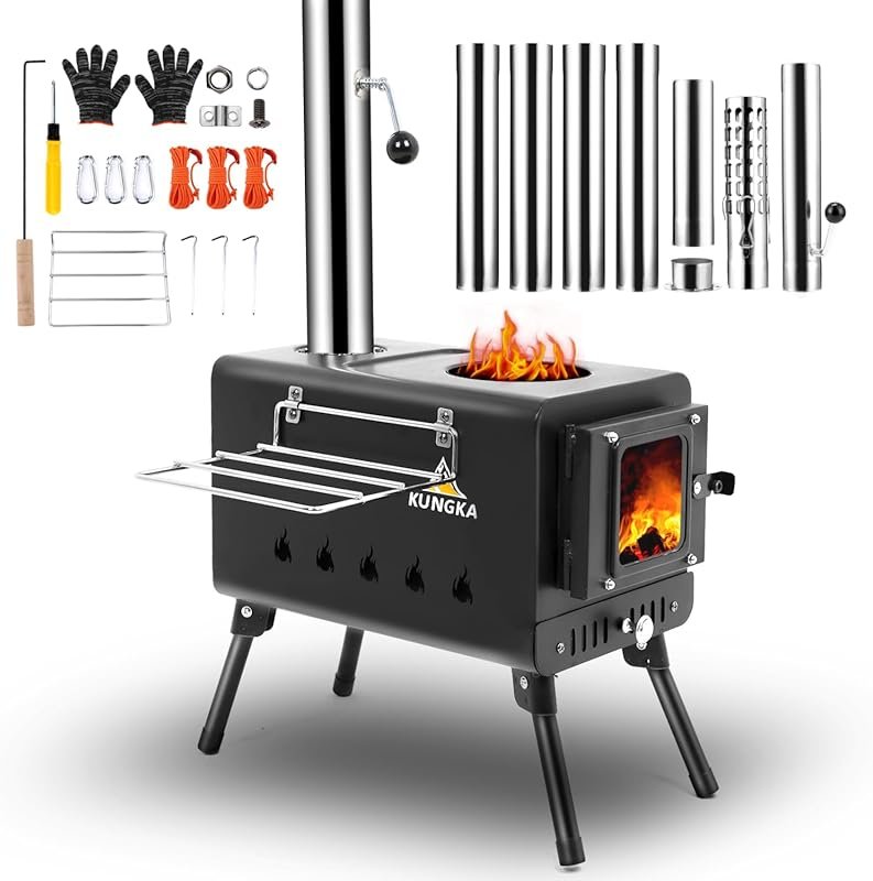 Black Portable Wood Burning Tent Stove with 7 Section Stainless Steel