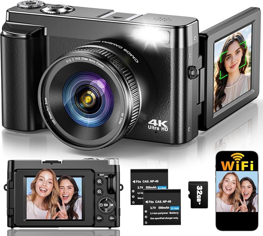 4K Autofocus Digital Camera, 64MP WiFi Vlogging Camera with Flip Scree