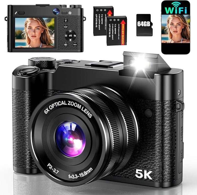 5K Digital Camera, 64MP Photography Camera with 6X Optical Zoom, WiFi 