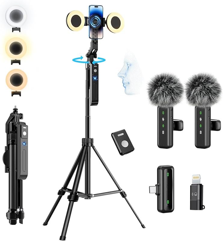 yAyusi Magnetic Vlogging Kit: Auto Face Tracking Tripod, Light, Mic fo