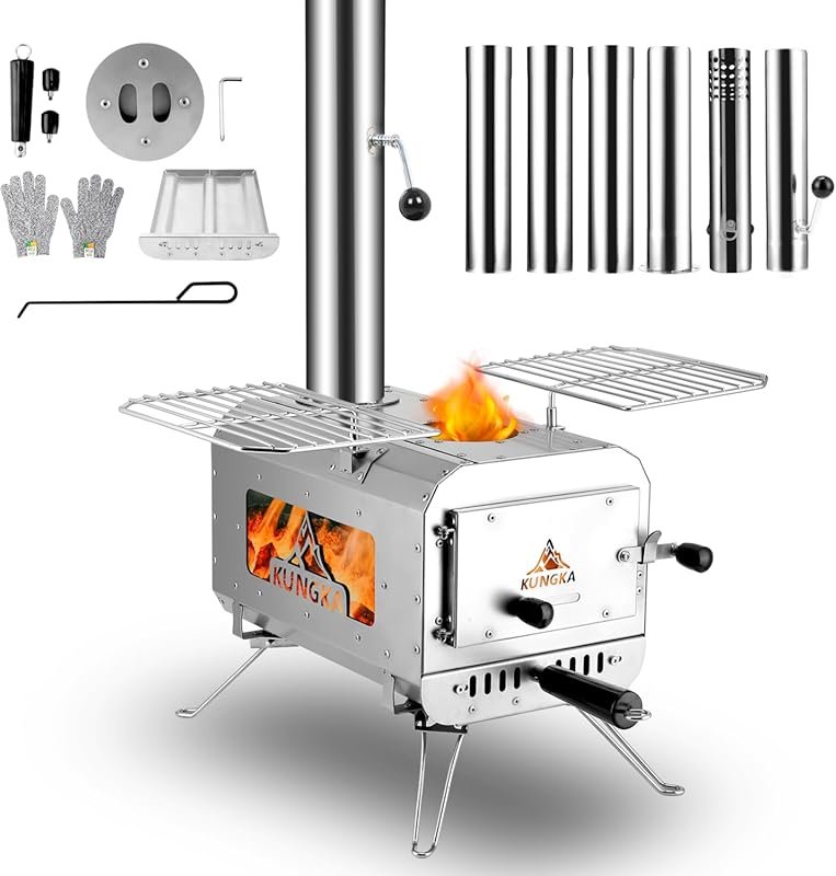 Portable Wood Burning Tent Stove: Small Stainless Steel, 6 Chimney Pip