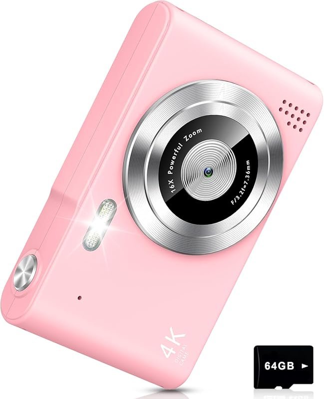 Pink UHD 4K 48MP Digital Camera: Compact 16X Zoom Kids Camera with 64G