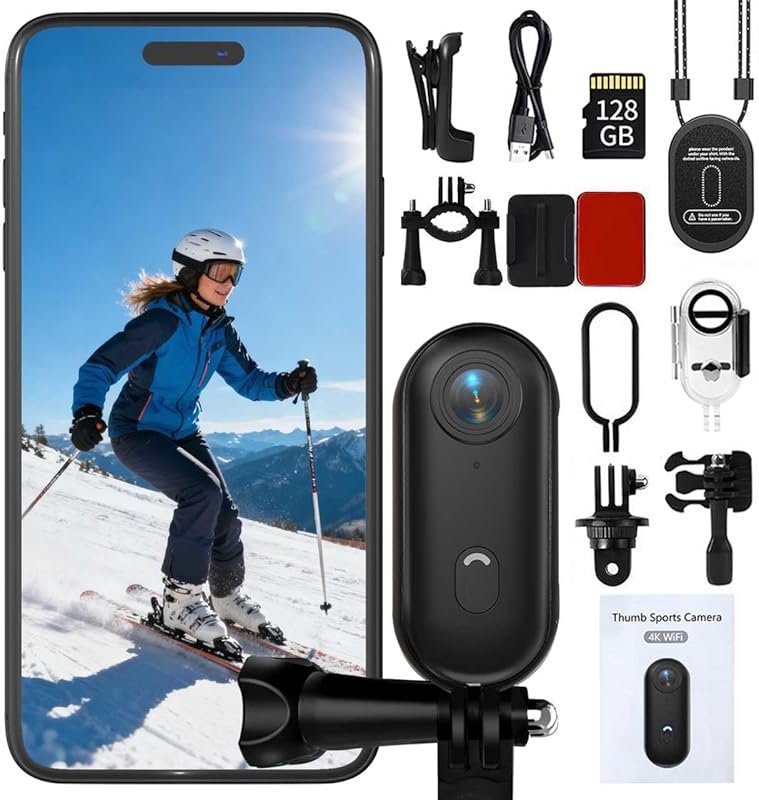 4K Thumb Action Camera, 128GB Waterproof Sports Cam for POV Photos, Gr