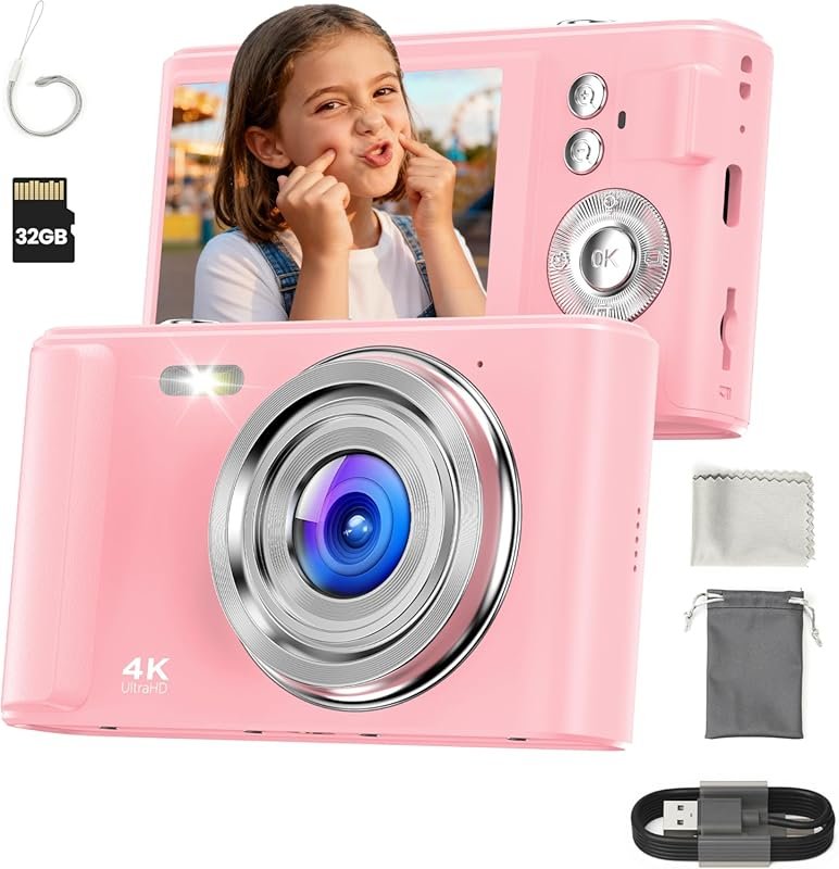4K Pink Digital Camera for Kids Teens: 48MP, 16X Zoom, Vlogging Ready,