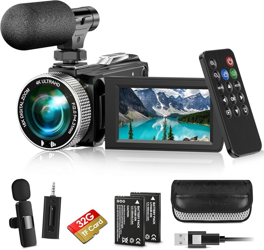 4K UHD Vlogging Video Camera, 60FPS, 48MP, 18X Zoom, with Lavalier Mic