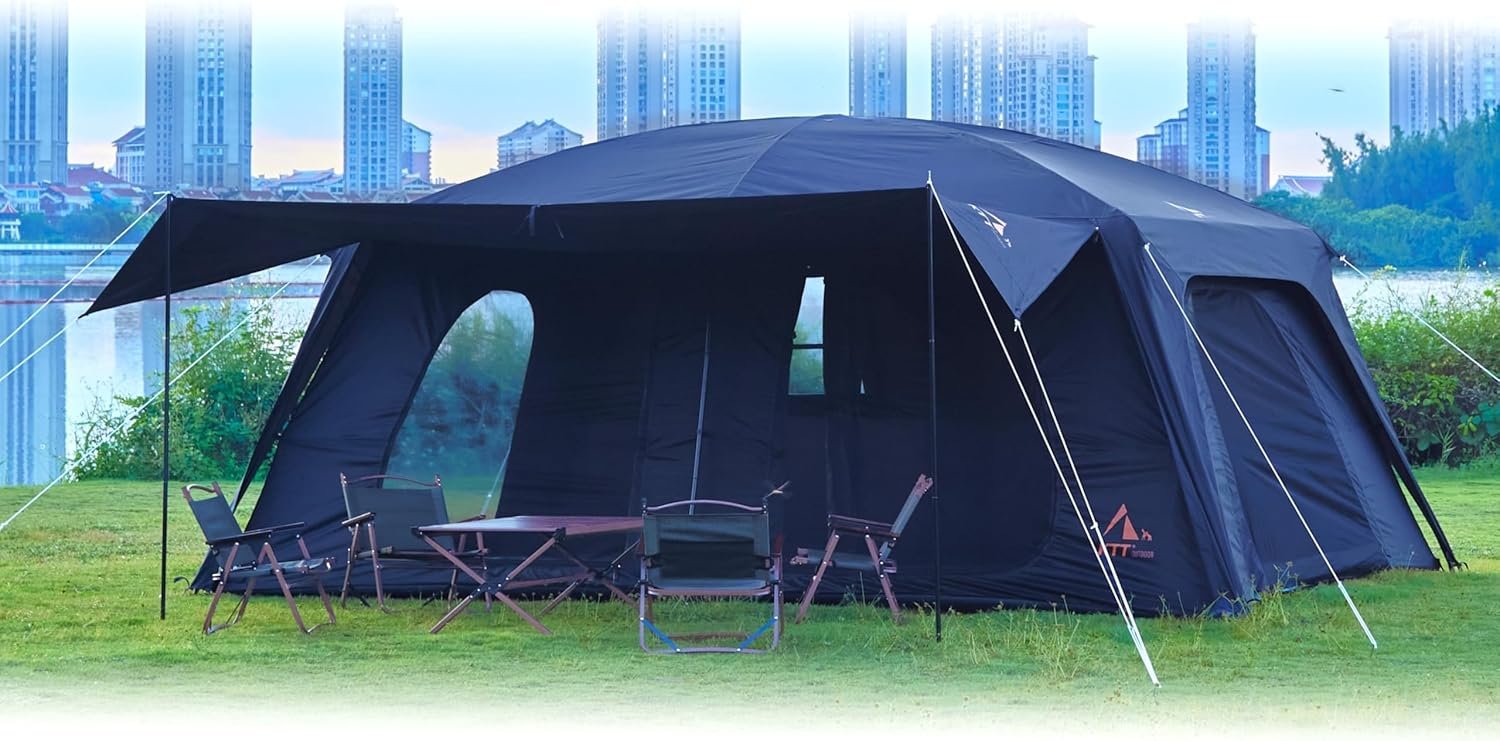 KTT 12-14 Person Extra Large Cabin Tent: 2 Rooms, Straight Walls, 2 Do