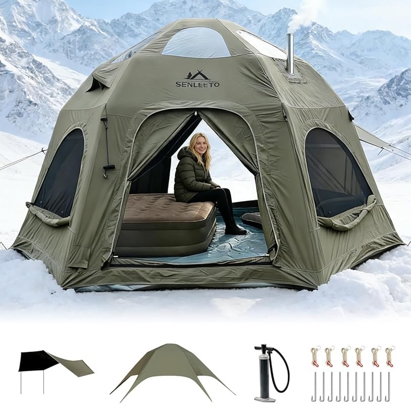 Large 8-10 Person Inflatable Camping Tent with Stove Jack and Mesh Win