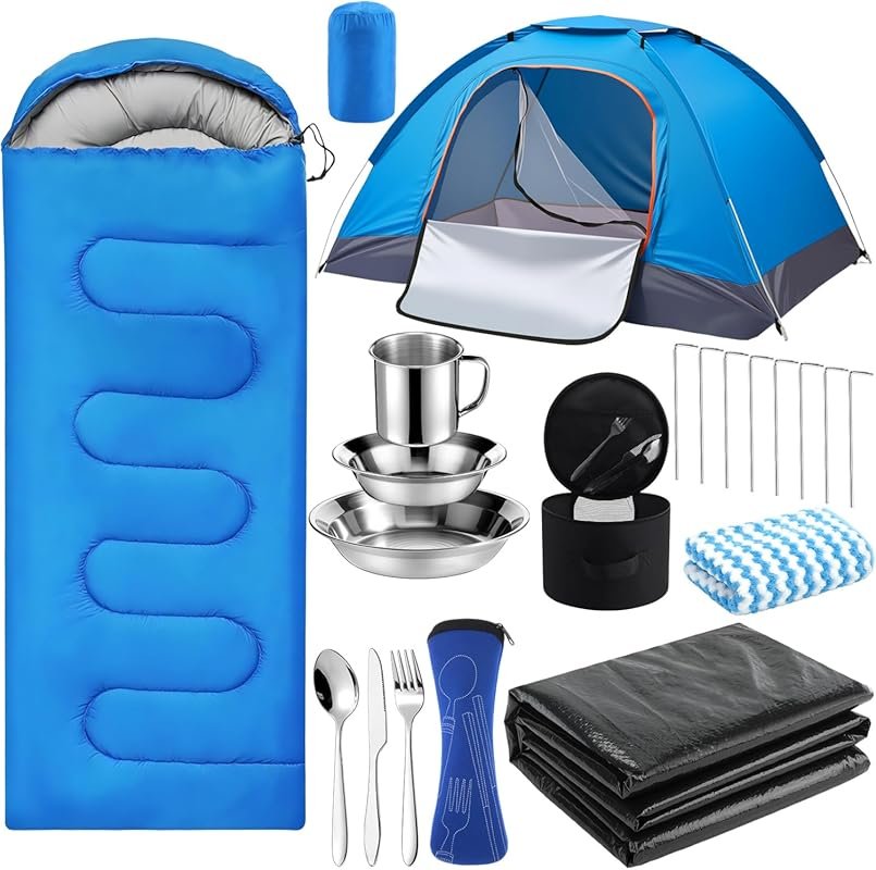 Complete 11 Pcs Camping Tent Set: Waterproof Tarp, Sleeping Bag, Mess 