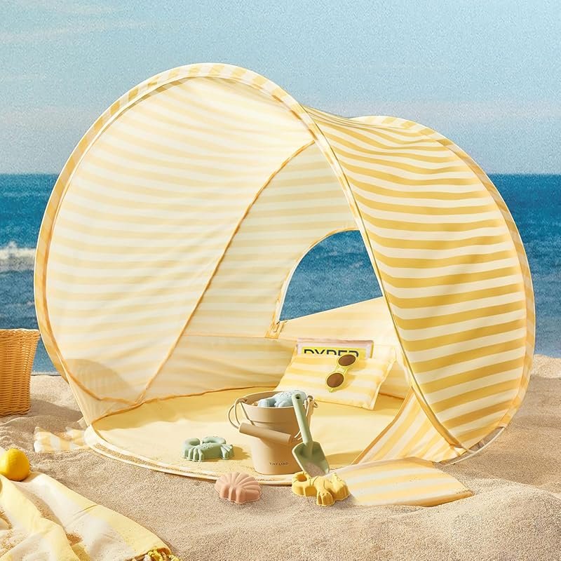 Tiny Land Baby Beach Tent: Pastel Yellow Stripes, UV Protection Sun Sh