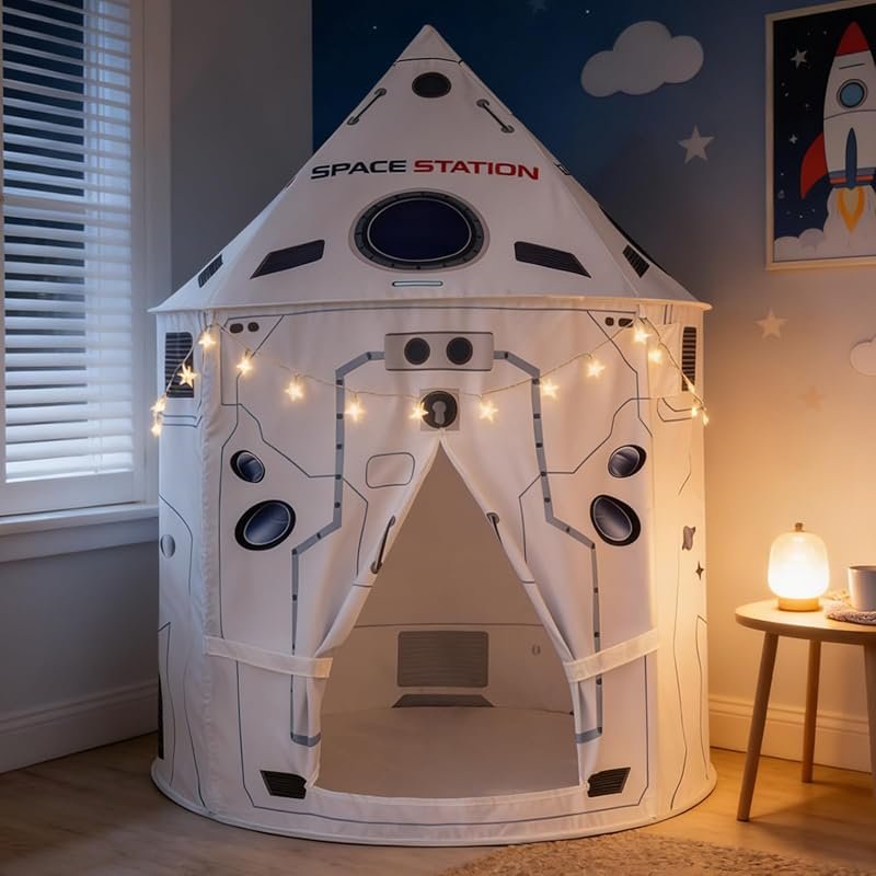 White Rocket Play Tent for Kids with Star Lights - Pop-Up Space Ship T