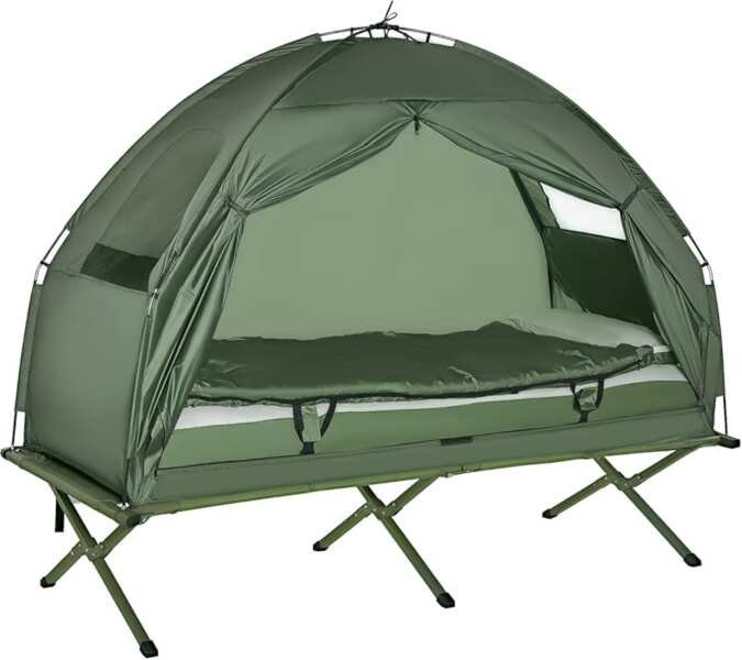 Outsunny Folding Camping Tent Cot Combo with Mattress, Pillow, Sleepin